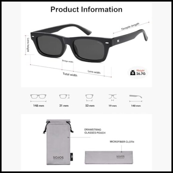 Polarized Rectangle Sunglasses with UV400 Lenses, Plastic Frame